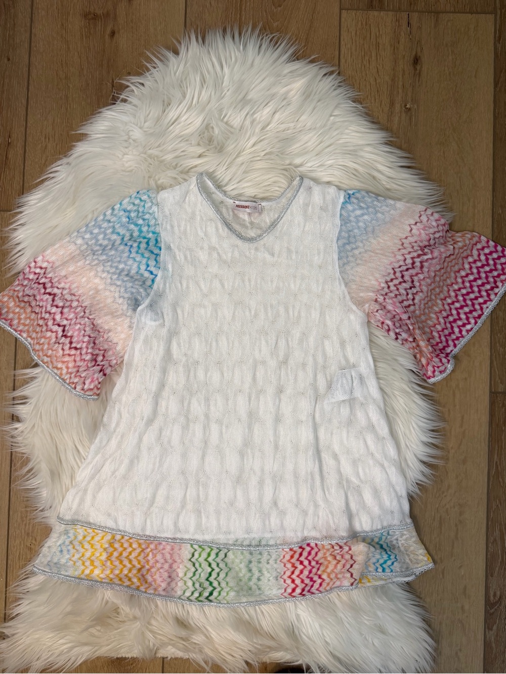 Missoni White Knit Cover Up Dress Rainbow‎ Sleeves Girls Size 6-7
